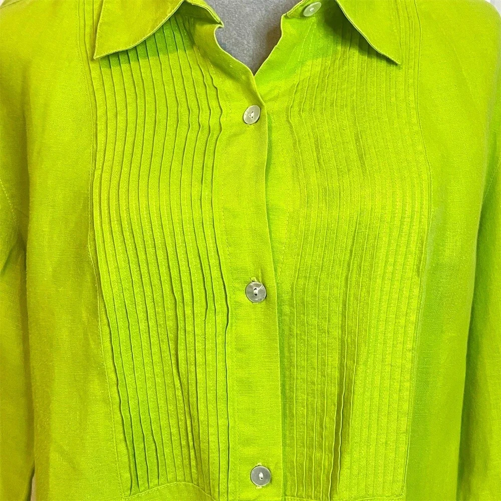 100% Linen Pintuck Pleated Top Green Workwear Vacation Lightweight Breathable - Picture 2 of 9